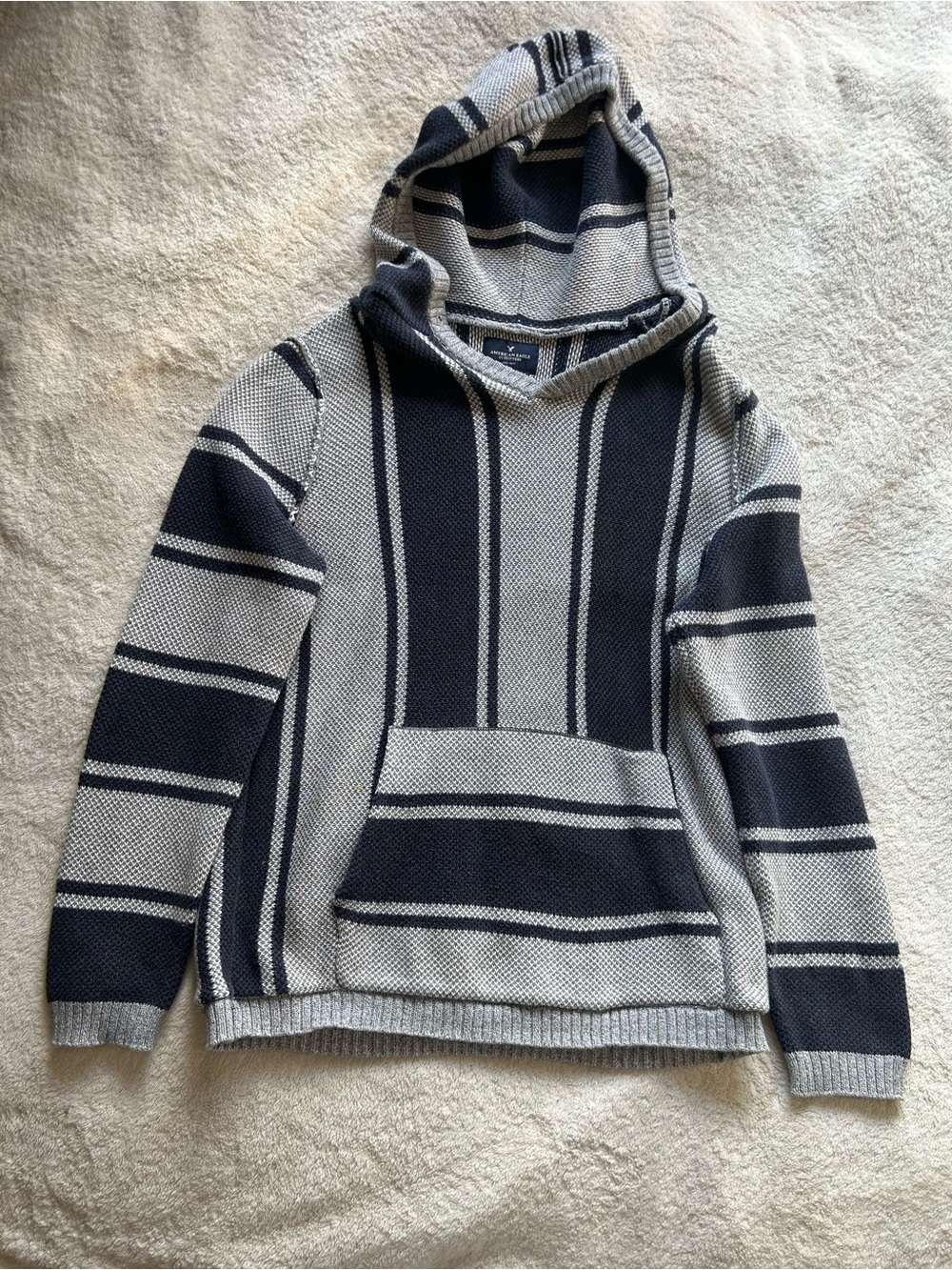 American Eagle Outfitters Crewneck Striped Knit Sweater - Navy & Light Gray